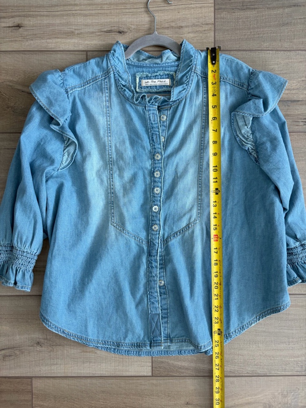 Free People Louise Denim Light Wash Button Down Ruffle Detail Blouse S - Picture 7 of 8
